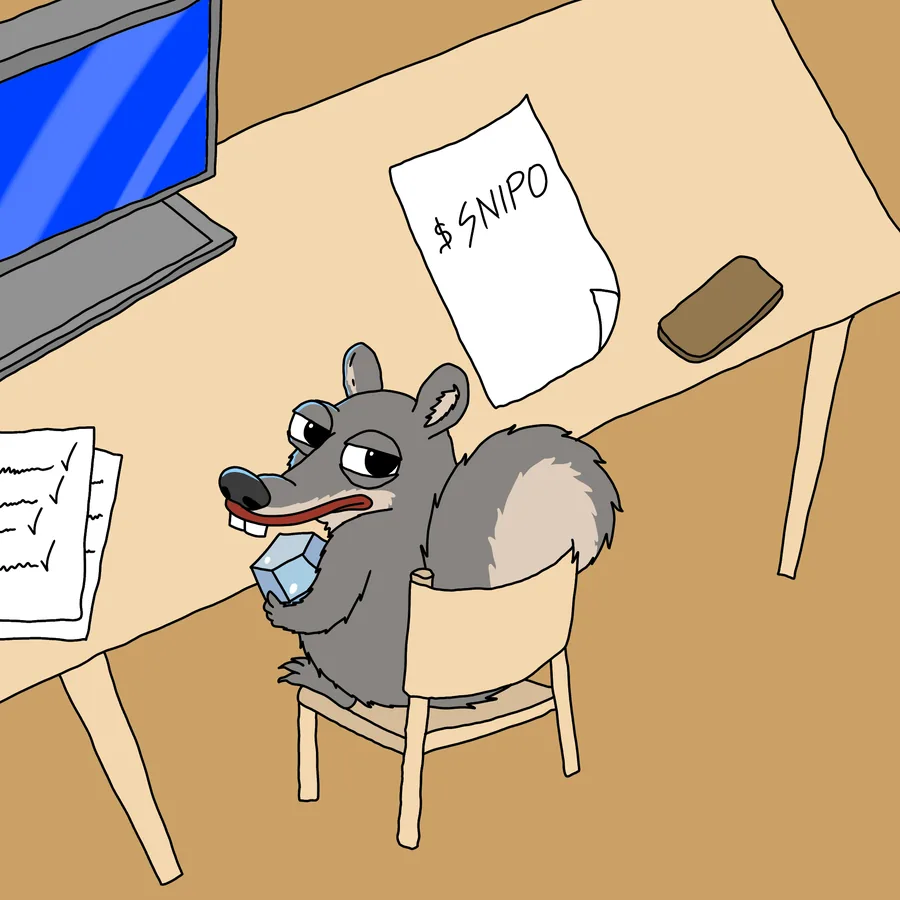 Snipo at a desk with a SNIPO note pinned above him