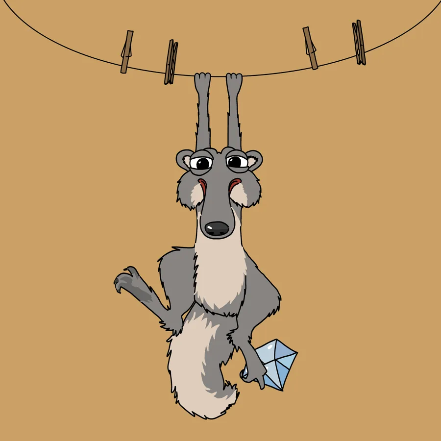 Snipo hanging upside down from a clothesline with clothespins
