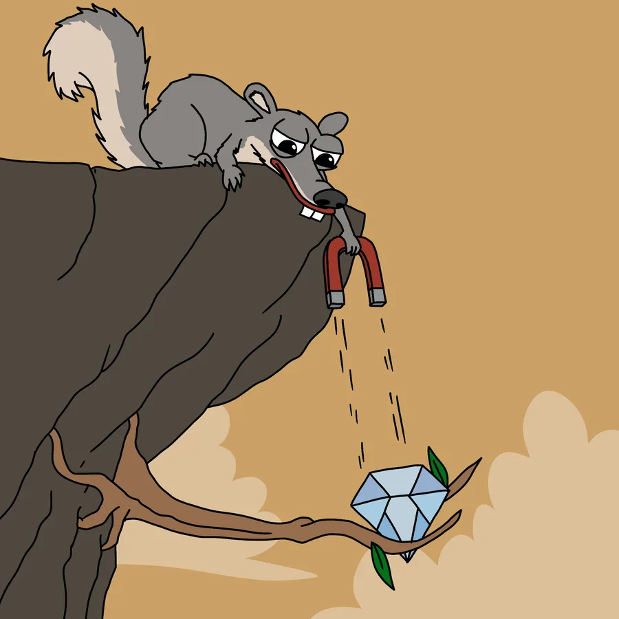 Snipo fishing for the diamond with a magnet over a cliff edge