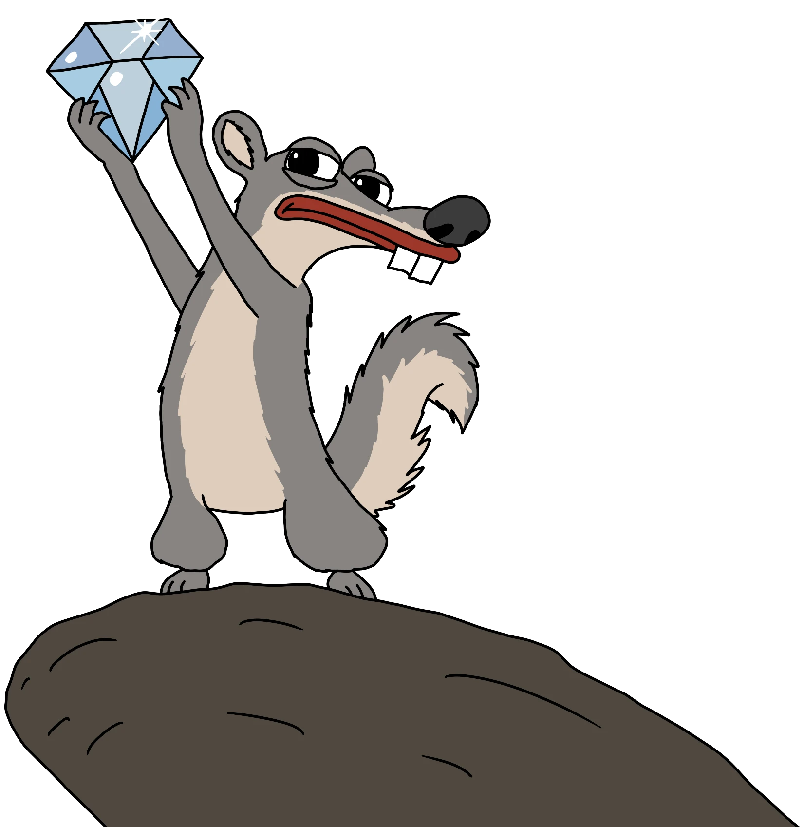 Snipo standing on a rock, holding the diamond up triumphantly